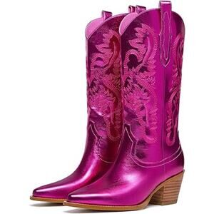 Goserce Womens Size 8 Metallic Pink 2.5" Heel Pull On Western Cowboy Boot Shoes